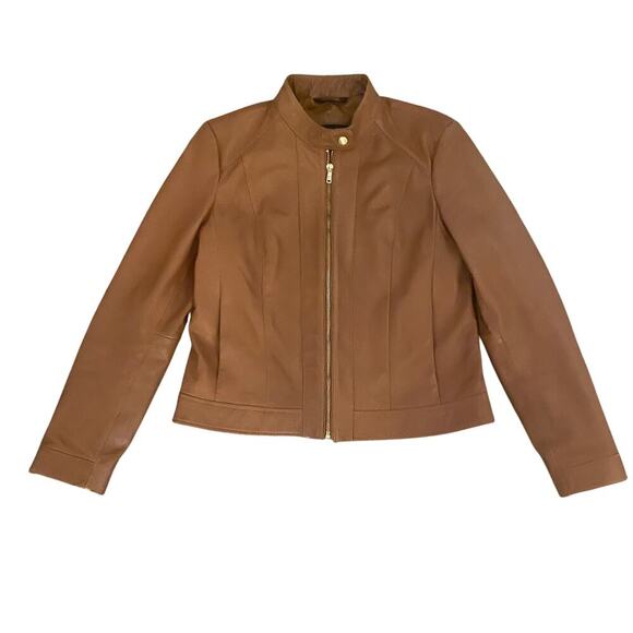 Cole Haan L Genuine Lambskin Leather Moto JacketCaramel Brown, Gold Zippers
